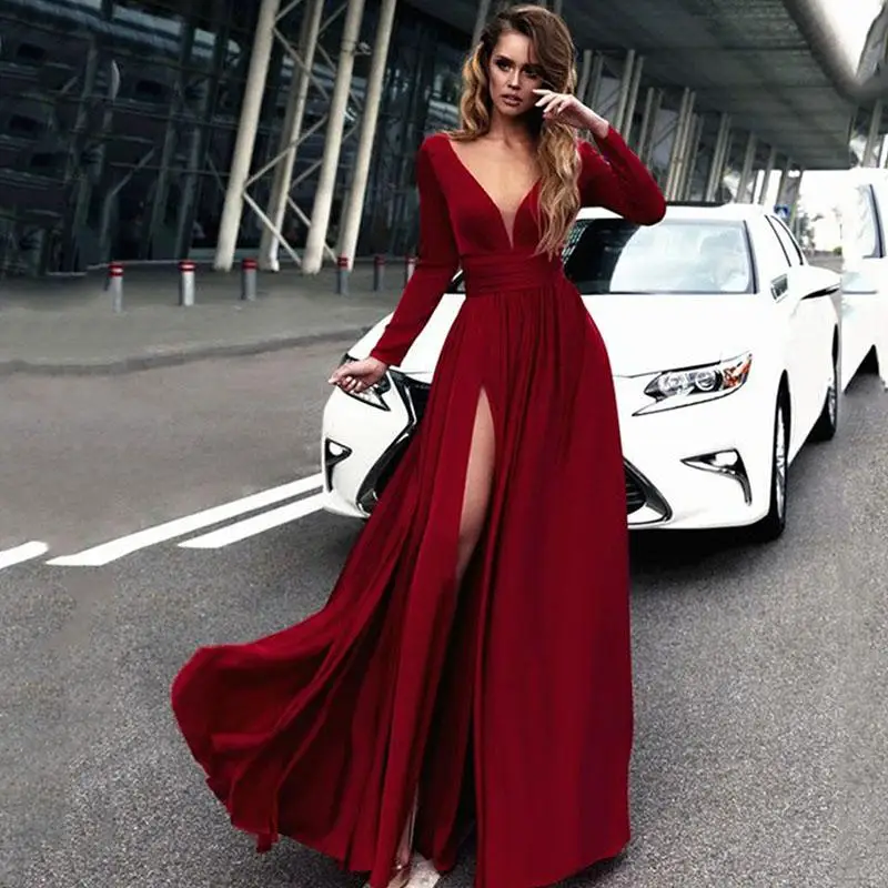 

LORIE Celebrity Burgundy Chiffon Evening Dresses 2021 Vestidos De Fiesta Tailor Made Long Sleeve Deep V Neckline Robes De Soirée