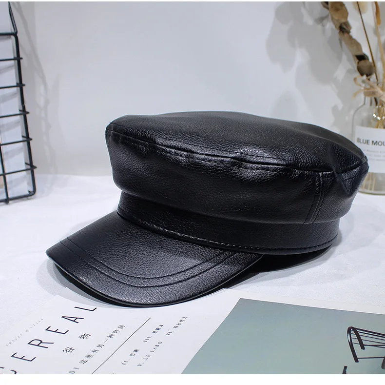 H7600 Women Black Beret Hat Men Spring Autumn PU Leather Thin Navy Berets Cap European American Retro Casual Short Eave Caps