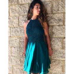 Teal Halter Lace A line Homecoming Dresses Criss Cross Back Chiffon Sleeveless Cocktail Party  Backless Short Prom