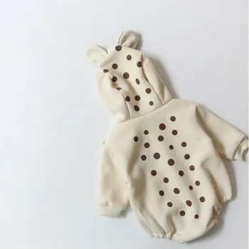 

Autumn Winter infant kids fleece lining hooded rompers baby warm dot cute long sleeve jumpsuits 0-2Y
