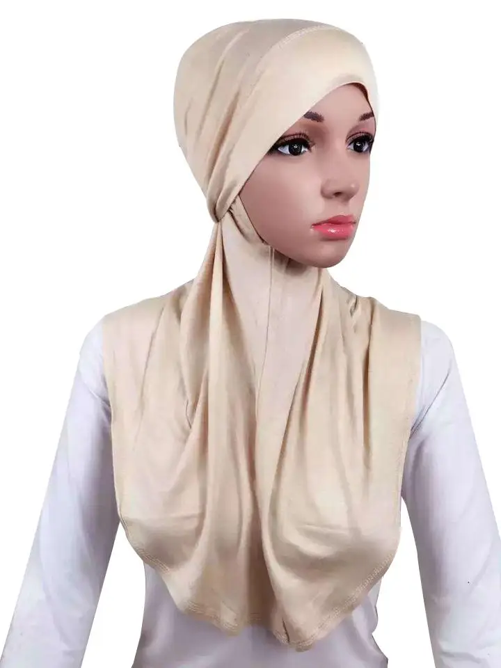 Комплекты мусульманский женский хиджаб шарф+ шапка головной убор исламский тюрбан шаль исламский молитвенный шейный платок нижнее белье платок Новинка - Цвет: Бежевый