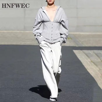 

2019 new autumn and winter high waist zippers ealstic hooded gray full sleeves short sweatshirt D039