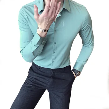 

New Spring British Style Cross Embroidered Dress Shirts High Quality Mens Casual Shirt Plus Size XXXL Slim Fit Social Shirts