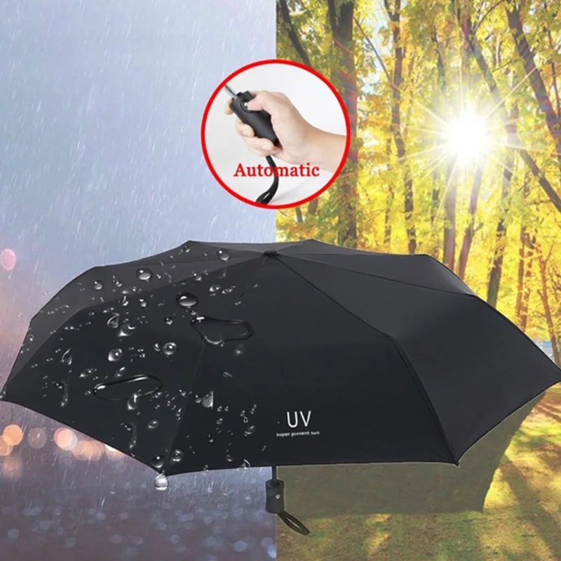 Anti-UV Umbrella 3 Folding Sunshine UV Shading Double Layer Automatic Umbrella Strong 8 Bones Black Coating Large Rainy Day