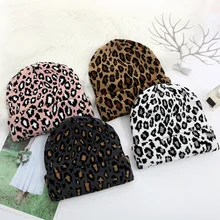 Bonnet épais en laine imprimé léopard pour femme, chaud, tricoté, à la mode, Animal, hiver