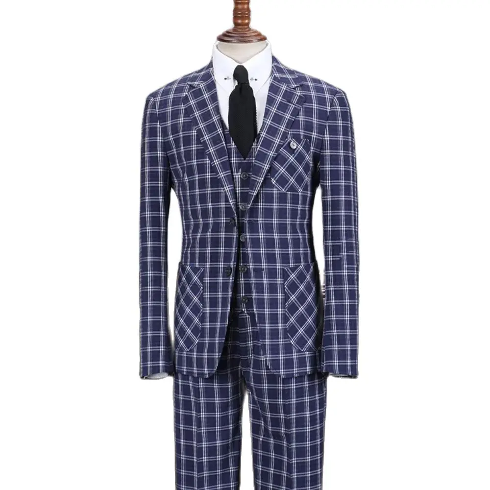 

Костюм мужской Клетчатый с отложным воротником, Блейзер, брюки, вечерняя одежда, смокинги, 3 предмета, жакет + брюки + жилет, синий цвет