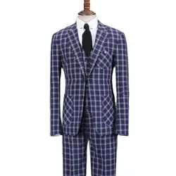 Blue Plaid Men Suits Sets Notched Lapel Groomsman Blazer Trousers Party Wear Clothing Tuxedos Custom Made 3Pcs Jacket+Pants+Vest