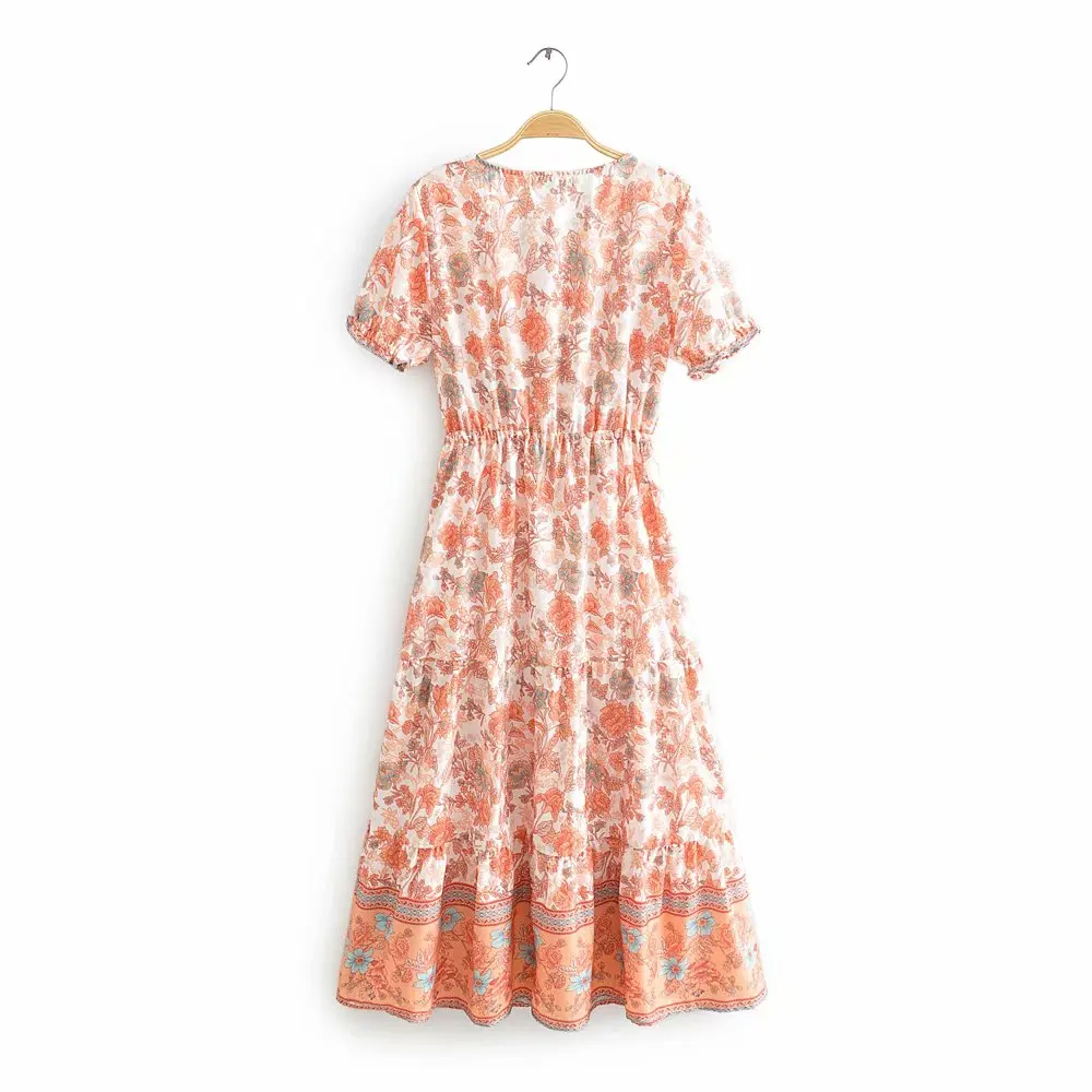 Boho, летнее платье миди с цветочным принтом, короткий рукав, v-образный вырез, шнуровка, винтажное, Vestido, Пляжное, шикарное, длинное женское платье, одежда для вечеринок