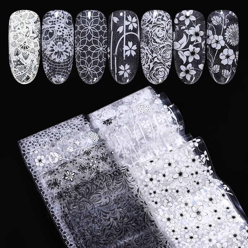 1 лист фольги для ногтей белые черные лазерные цветы смешанные фотонаклейки