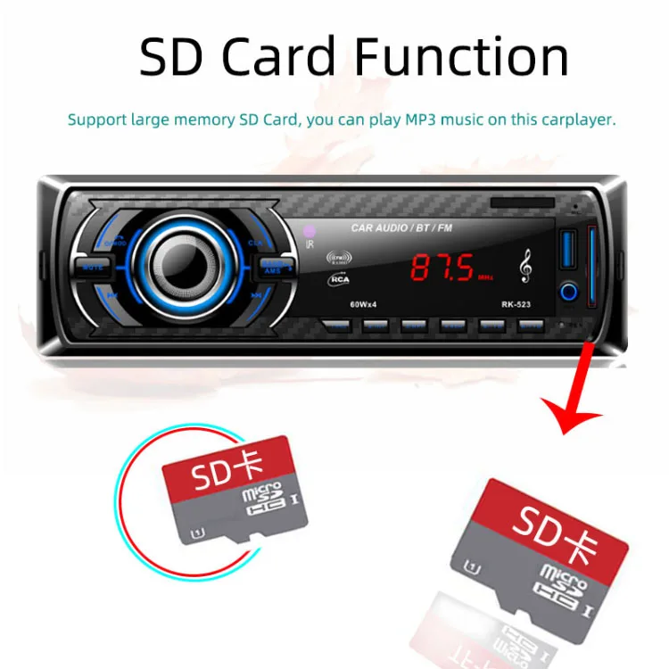 RK-523 стерео аудио MP3 плеер 4 колонки Поддержка USB/SD/Card Reader для автомобиля DC12V черный Bluetooth FM функция