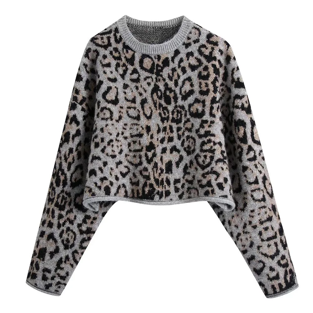 KPYTOMOA Women Fashion Jacquard Animal Print Loose Crop Knit Sweater Vintage O Neck Long Sleeve Female Pullovers Chic Tops turtleneck