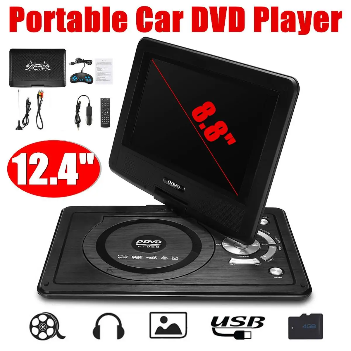 8.8inch Car DVD Player Portable USB2.0 SD Adjust Viewing Angle Game Remote Control 270 Rotation Scr