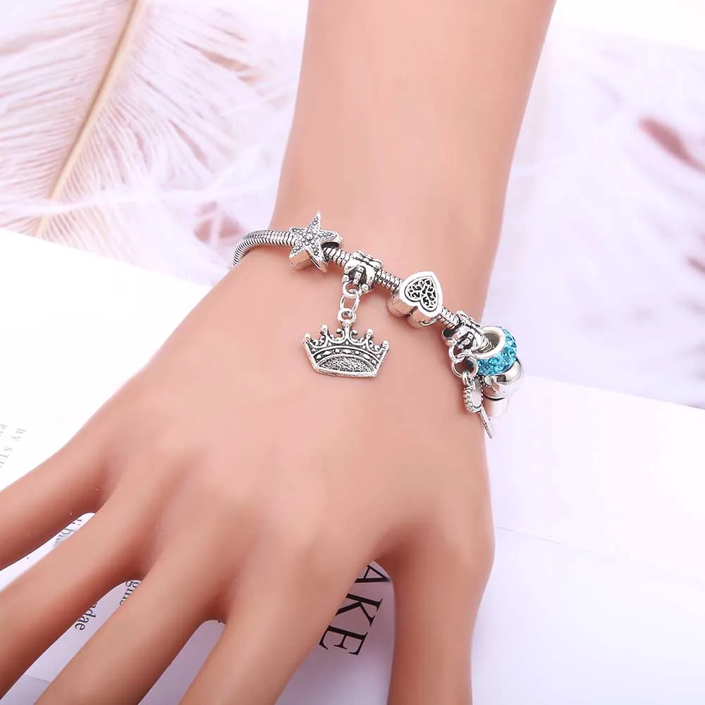 Antique Crown key lock Shape 6-colors crystal Charm Bracelets for Women Glass Beads Brand Bracelet & Bangle DIY Jewelry Gifts