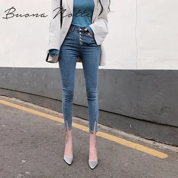 

Vintage Single-breasted Women Denim Jeans High Waist Stretch Pants Capris Streetwear Female Split Cuff Jeans Pants 2020 Autumn