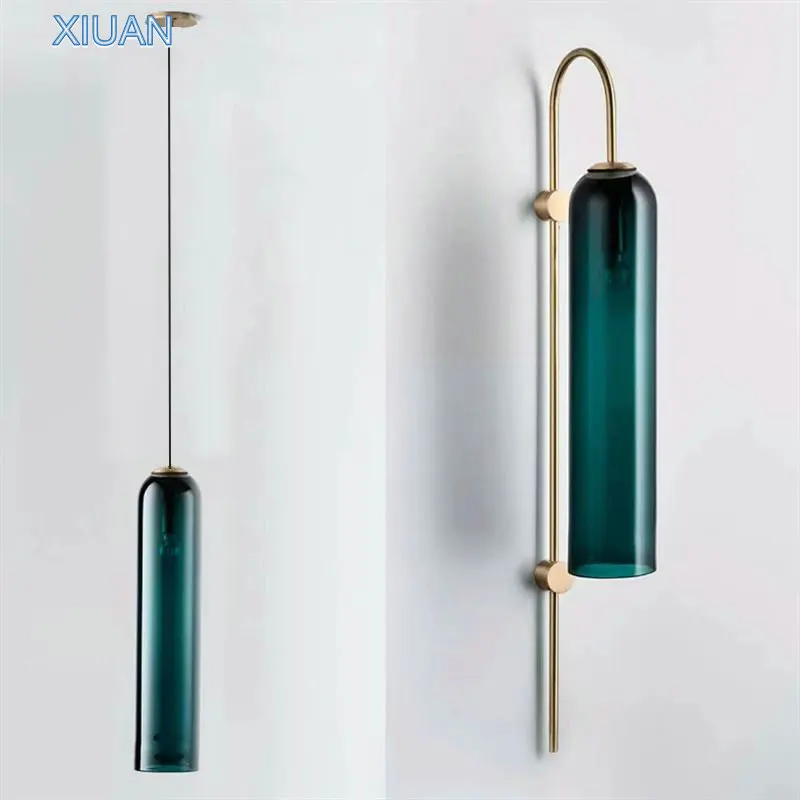 Nordic Modern Hanging Ceiling Lamp Blue Glass Lampshade E27 LED Interior Wall Light for Bedside Bedroom Dining Table Living Room afbeelding