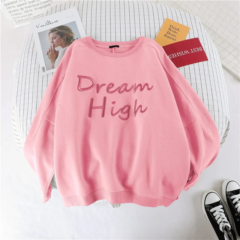 pink round neck Зеленая Толстовка Mujer свободный спортивный костюм с капюшоном Женский Уличная мечта с высоким буквенным принтом толстовка пуловеры Свободное пальто флисовые Топы - Цвет: pink round neck