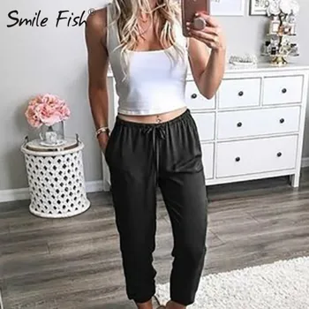 

Ladies Basic Pencil Pants Spring Summer Workout Legging Plus Size 3XL Beach Pockets Drawstring Streetwear Women Long Pants G1552