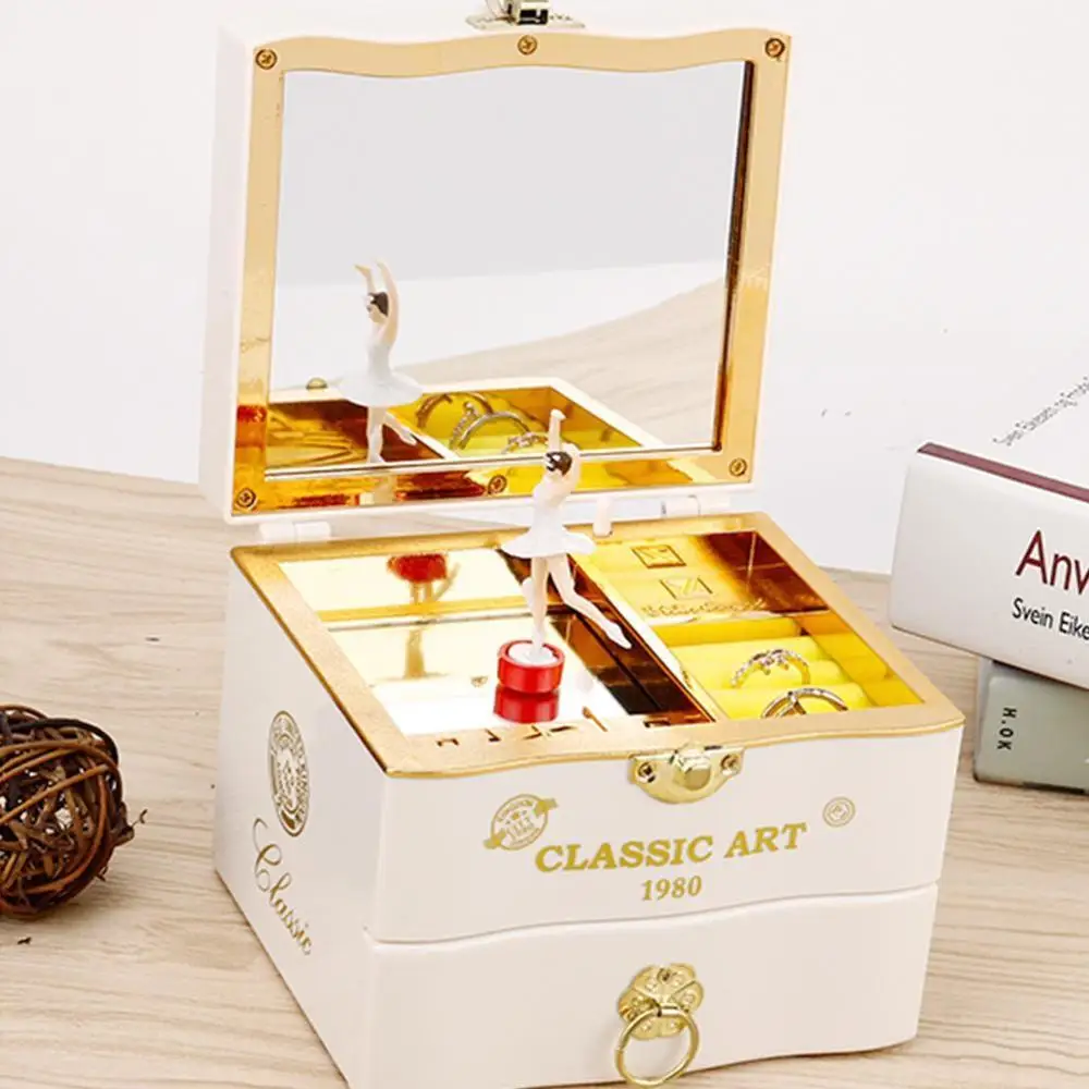 

Retro Music Box Rotating Ballerina Dancing Girl Jewelry Storage Box with Mirror