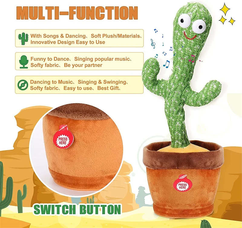 Dancing Cactus Toy Repeat What You Said 60/120 Songs Bluetooth Cactus Twisting The Body With Music Plant Kids Plush Stuffed Toys