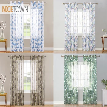 

NICETOWN Leaf Print Sheer Curtains Modern Style Faux Linen Textured Sheer with Two-Tone Leaves Pattern Window Drapes for Bedroom