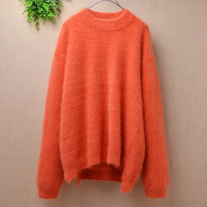 Top mujer femme winter thick warm o-neck angora rabbit fur cardigans loose long sleeves angora fur knitted sweater coat jacket bright yellow clothes