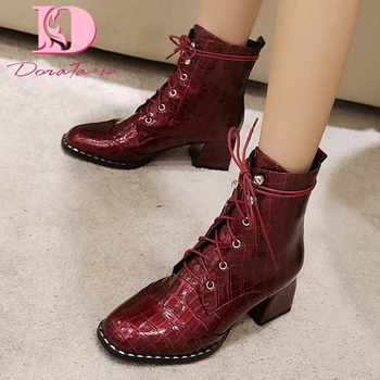 

DoraTasia Large Size 33-43 Brand New women's Genuine Leather Boots Chunky High Heels Ankle Boots Women Party Office Woman shoes