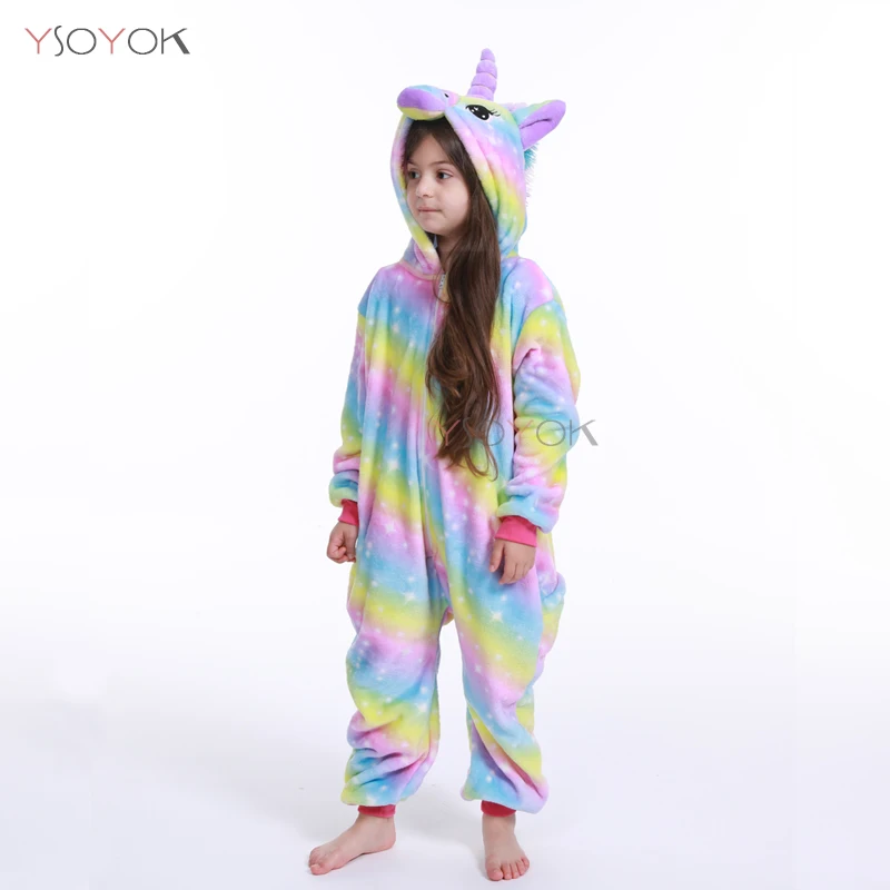 Rainbow Unicorn Зимняя Детская Пижама кигуруми с единорогом; Пижама-комбинезон с пандой для мальчиков и девочек; одежда для сна с животными; Фланелевая пижама; детская пижама - Цвет: Rainbow Unicorn