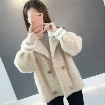 

Women Casual Mink Cashmere Short Cardigans Solid Sweet Pockets Patchwork Sweaters Turn-Down Collar Plus Size Cardigans