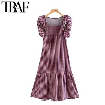 

TRAF Women Chic Fashion Checked Ruffled Midi Dress Vintage Square Collar Puff Sleeve Plaid Female Dresses Vestidos