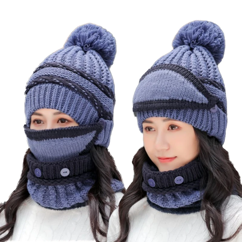 BINGYUANHAOXUAN 3 в 1 теплый толстый вязаный комплект из искусственной кожи и маски