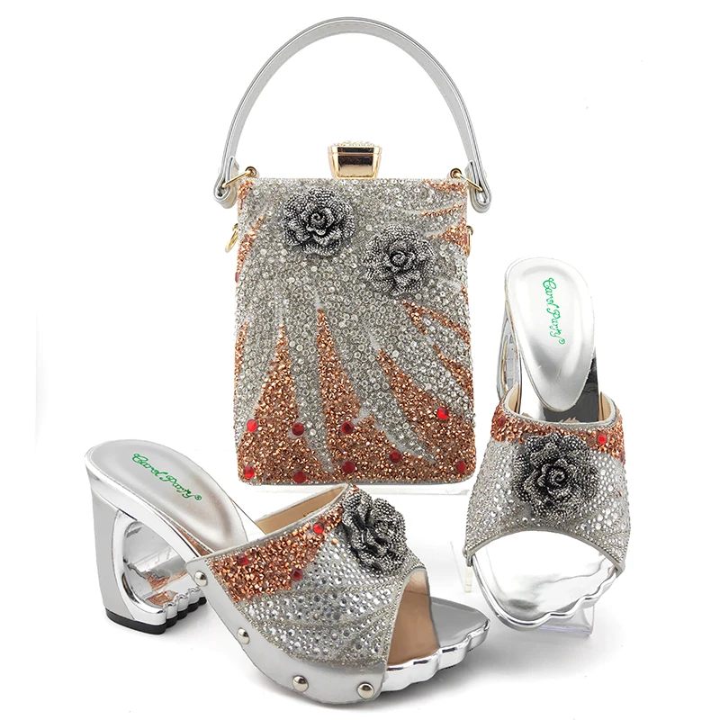 

Itlian shoes and clutches bag size 38 to 43 silver lady slippers with clutches bag bling ling shoes and bag free ship SB8467-3