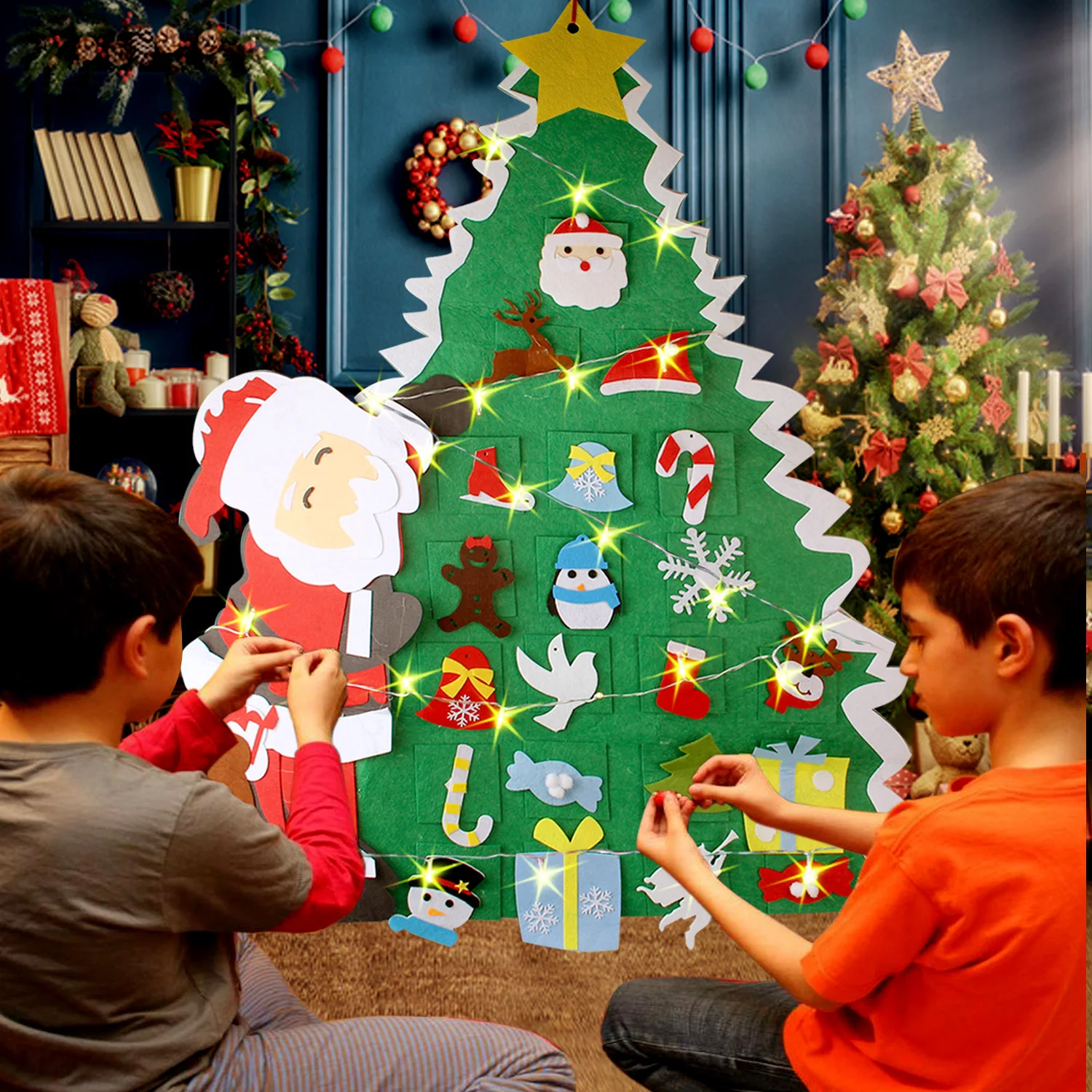 Behogar DIY Felt Christmas Xmas Tree with 23 Ornaments+ 2m String Light for Home Office Shop Window Party Decoration Kids Gift