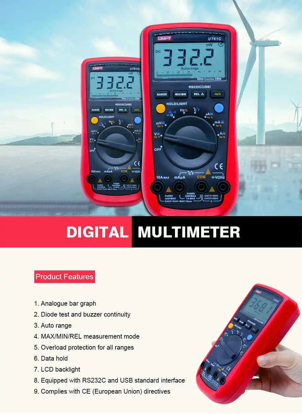 Цифровой мультиметр UNI-T UT61C AC DC Ток Напряжение Сопротивление Емкость Частота термометр диод тест RS232 ЖК-подсветка