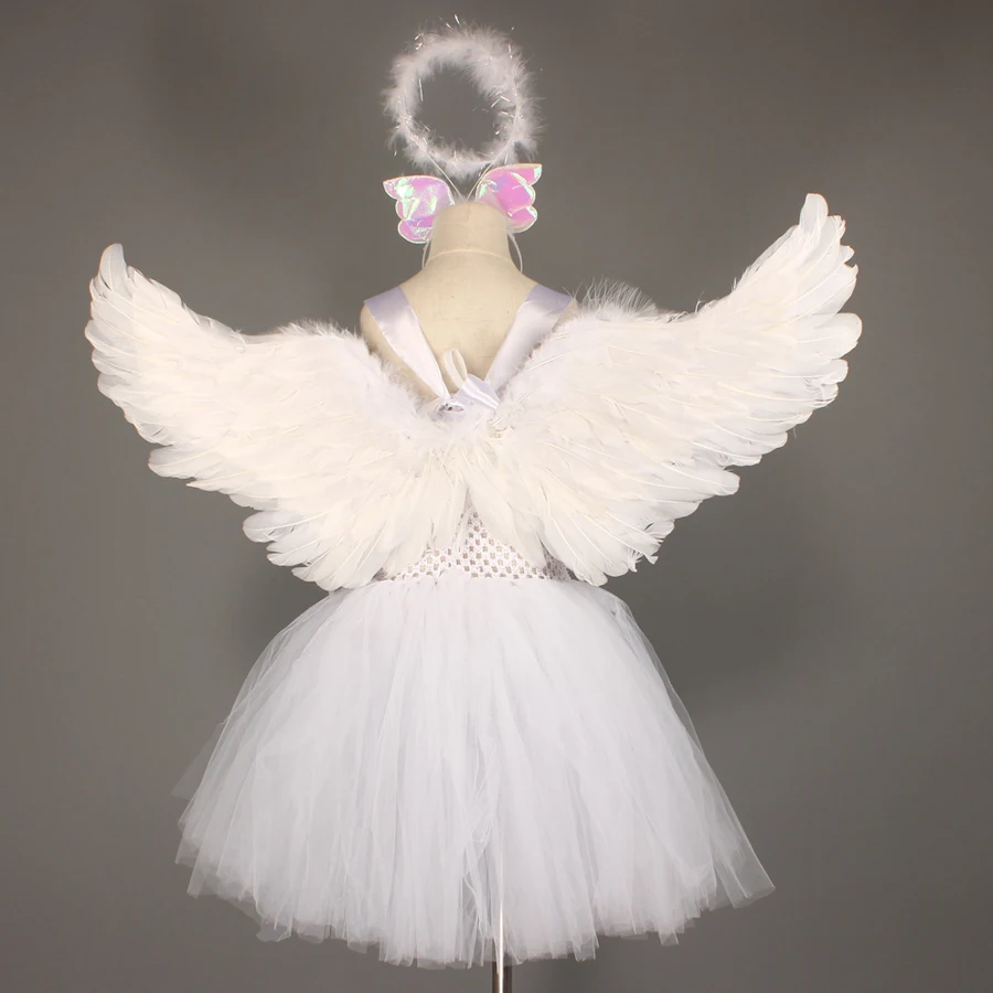 White Angel Girls Feather Tutu Dress Kids Halloween Birthday Party Costume Girl Christmas Nativity Dress with Wings Halo Outfit (4)