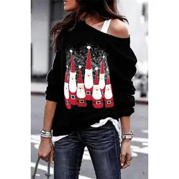 

Fashion Women Blouse Ladies Off Shoulder Shirt Santa Printed Long Sleeve Top Blouse New Xmas Ladies Shirts Christmas Costume