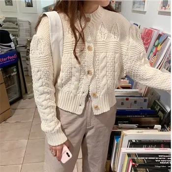 

Puff-sleeved Warm Cardigans All Match Solid Short Sweaters Stylish Apricot Feminine Twisted Sweet Gentle Soft Brief Cute Casual