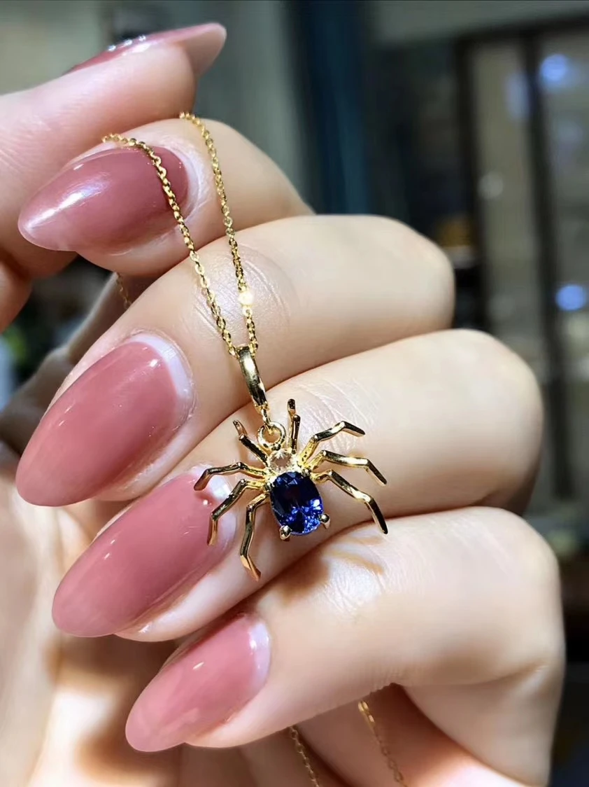 spider type natural blue sapphire gemstone necklace for women jewelry real 925 silver gold plated natural gemparty gift