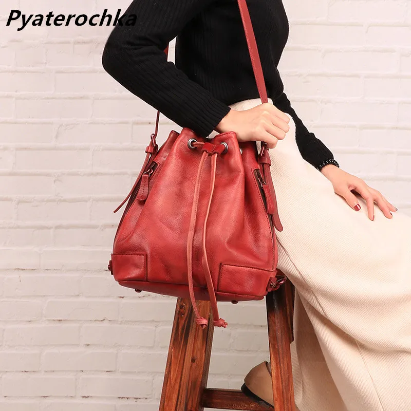

Pyaterochka Cow Leather Bucket Bags Ladies Messenger Bag Fashion Bags Women Brand String Bag Leather Back Pack Women Open Pocket
