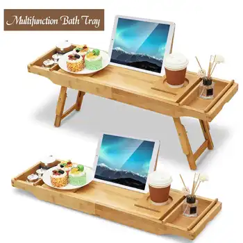 

2 in 1 Folding Dining Table Bathroom Shelf Bamboo Bath Tray Retractable Wine Serving Tray Book Holder Bathtub Accessories