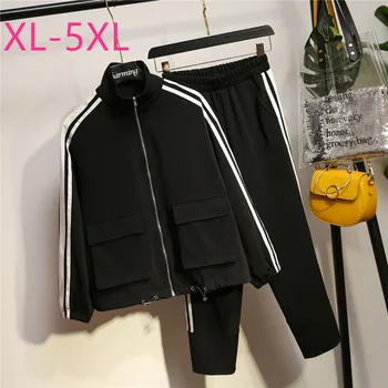 

2020 spring autumn plus size sports wear sets for women large loose casual long sleeve tops and long pants suits black 4XL 5XL