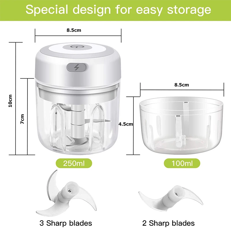 Mini Garlic Chopper 100/250mL Electric USB Charging Garlic Mincer Ginger Onion Meat Masher