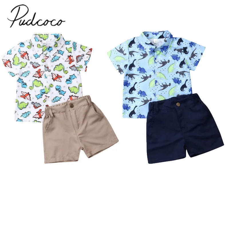 Летняя одежда для малышей одежда джентльмена для маленьких мальчиков яркая рубашка с динозаврами Топ и шортики официальный костюм От 1 до 6 лет