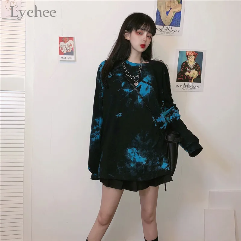 Lyhee Harajuku, яркое женское платье, футболки с круглым вырезом, осенние свободные женские футболки, футболки с длинными рукавами, женские футболки