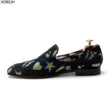 

XOBZJH 2020 Men Formal Dress Rhinestone Shoes Loafers Casual Prom Wedding Party Leather slip on Shoes Men Black Plus Size 13