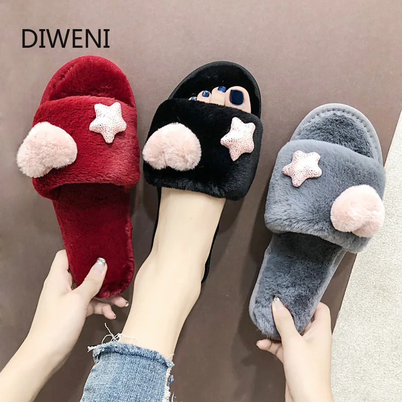 

2020 autumn and winter new hairy slippers female cute open toe word drag home indoor wooden floor plush cotton slippers
