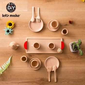 

1SET Wooden Montessori Toy Beech Wooden Simulation Kitchen Tableware Tea Pot Tea Cups Kid Children Goods Toys For Toddlers Gifts