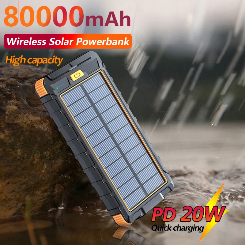 Solar Power Bank 80000mAh Fast Charger for Xiaomi IPhone Outdoor with LED Flashlight 2 USB Portable Waterproof Iphone | Мобильные