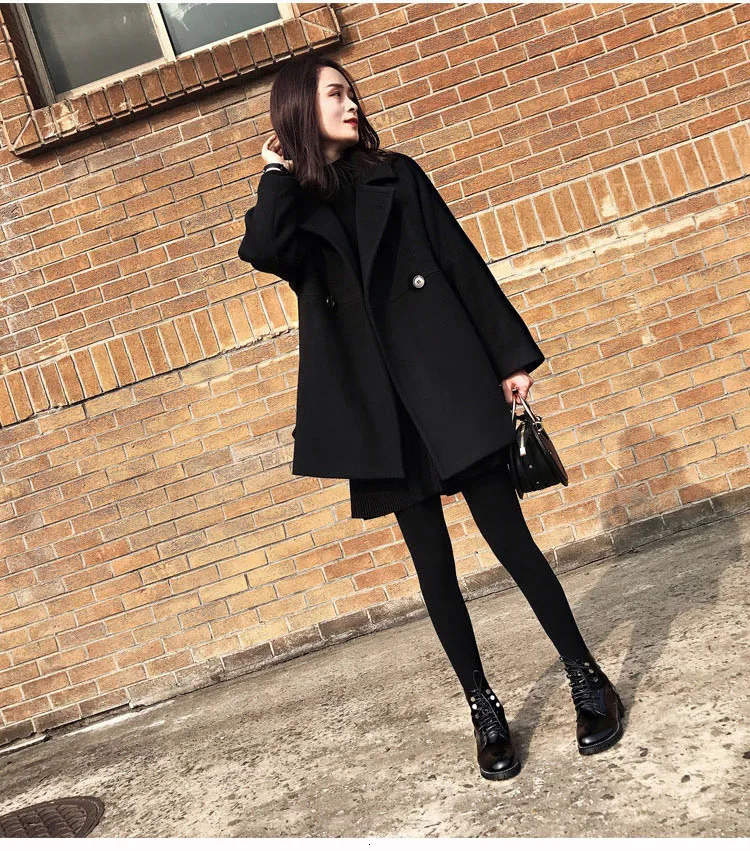 LANMREM, анти-сезонное продвижение, зимнее новое черное шерстяное пальто, женское Свободное длинное пальто с отворотом, утепленное пальто 19B-a629