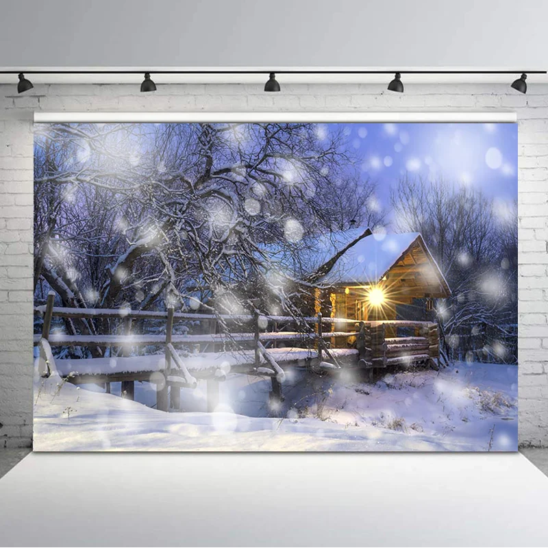 

Winter Forest Backdrop Night View Snowflake Woodland Photographic Backdrops For Photo Studio Wooden House Photo Background