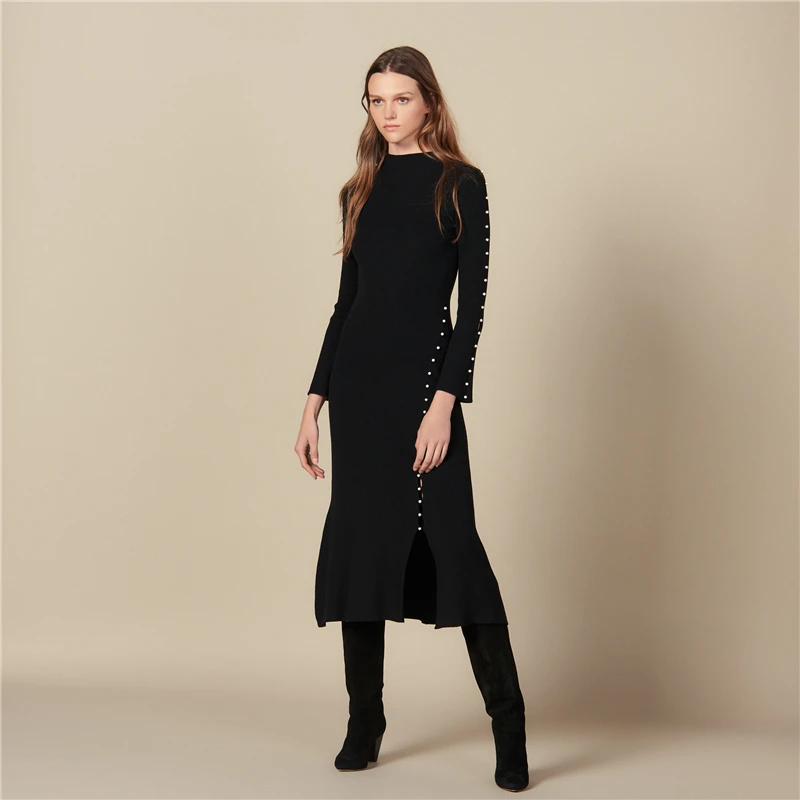 Женское платье с разрезом, трикотажное, с жемчугом, с бисером, Vestidos, с длинным рукавом, облегающее, облегающее, пуловеры, повседневные, Осень-зима